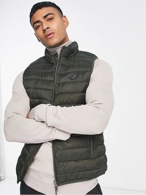 Men's Scalpers Quilted Puffer Olive Vest Jacket Size Large
